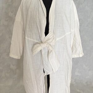 Zara Linen Blend Women's White Fashion Top 3/4  sleeve open, tie-front M